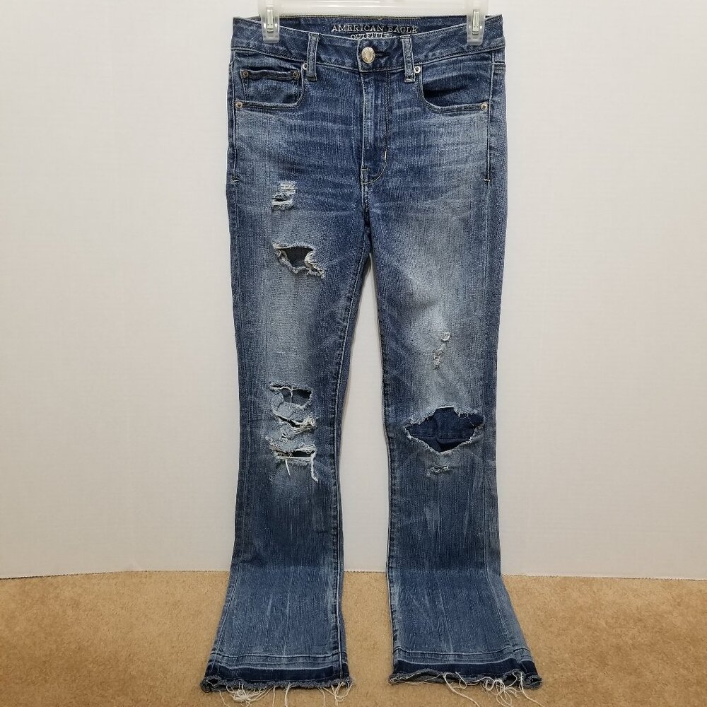 American Eagle jeans 4 Hi-Waisted Slim distressed denim whiskered DIY frayed hem